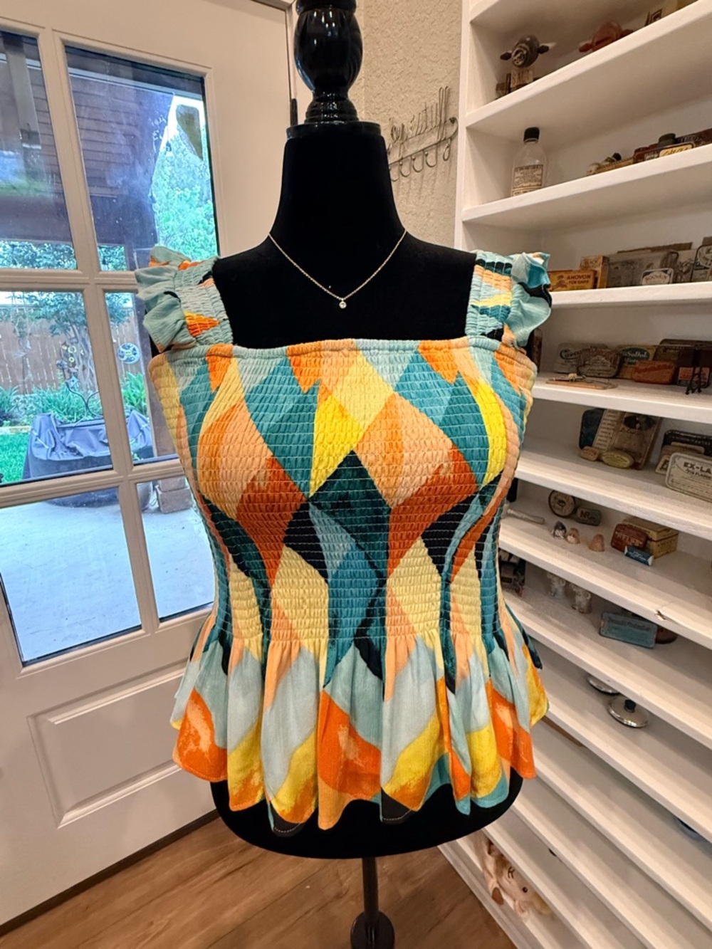 Torrid Smocked Ruffle-Strap Geometric Print Top- Multi
